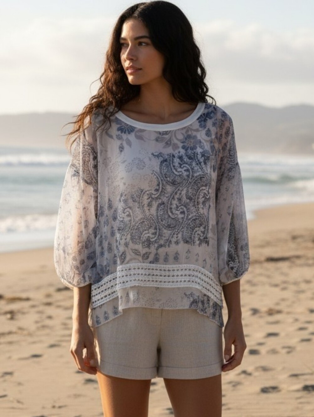 PZ Point Zero Sheer Paisley Print Tunic Blouse